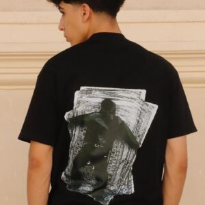 black t-shirt with a random logo